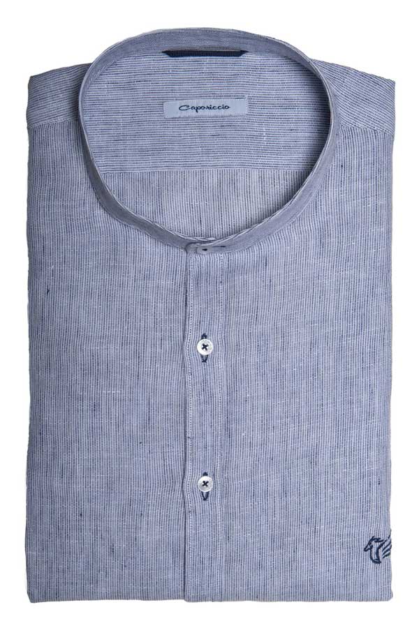 camicia a righe sottili in lino con collo coreano