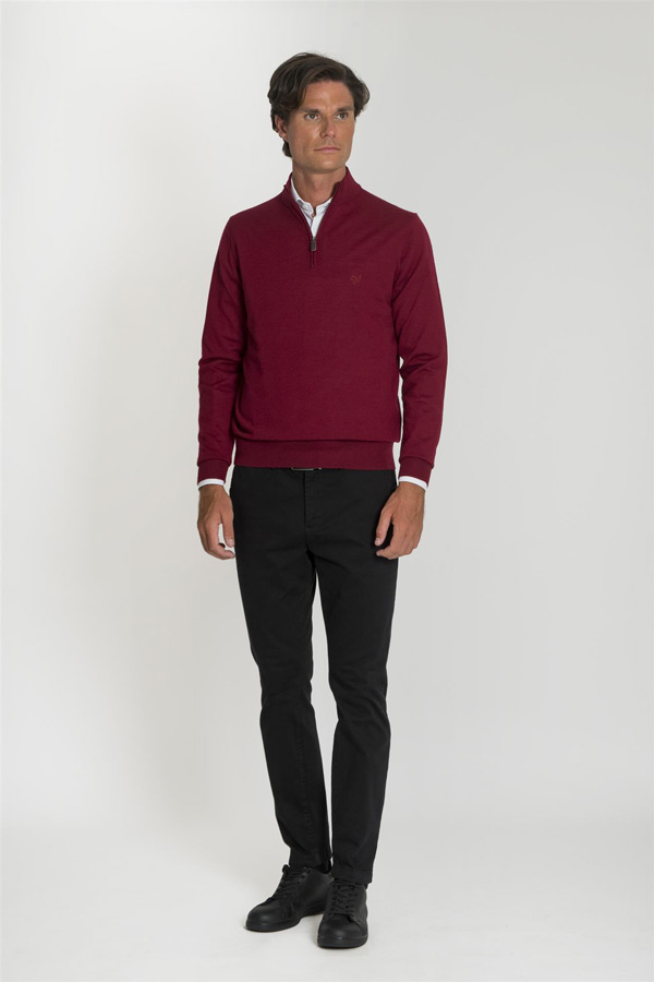 Maglia bordeaux mezza zip pura lana merino extrafine